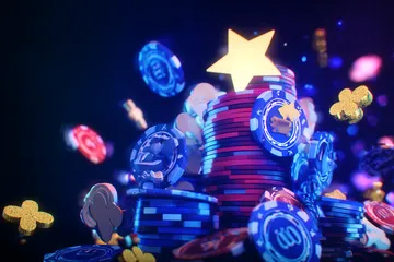 A man celebrating a winning moment on his laptop while gaming symbols float around him, capturing the excitement of 100JL games.